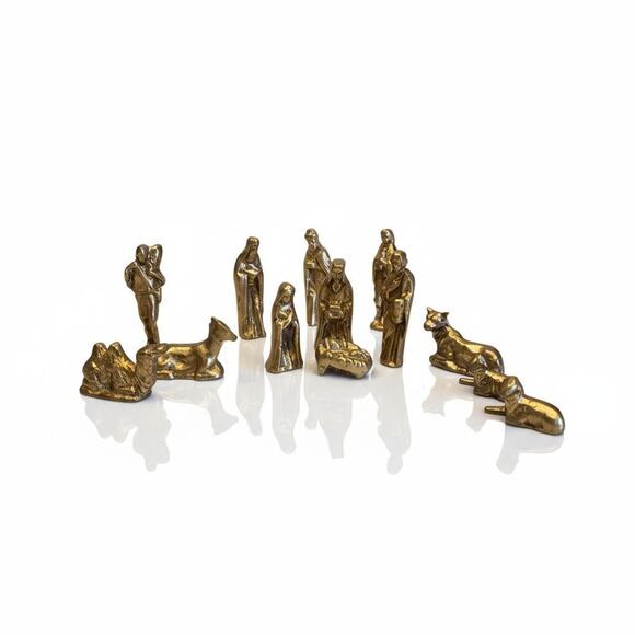 Vintage Heavy Cast Brass 13 Piece Nativity Set Animals Miniature Holy Christmas - Picture 1 of 9